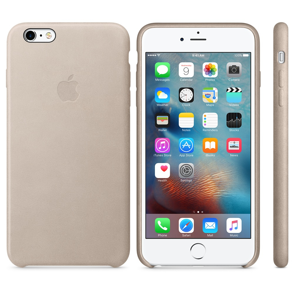Een iPhone in een beige hoesje. Het scherm toont app-iconen. De telefoon wordt vanuit meerdere hoeken getoond.