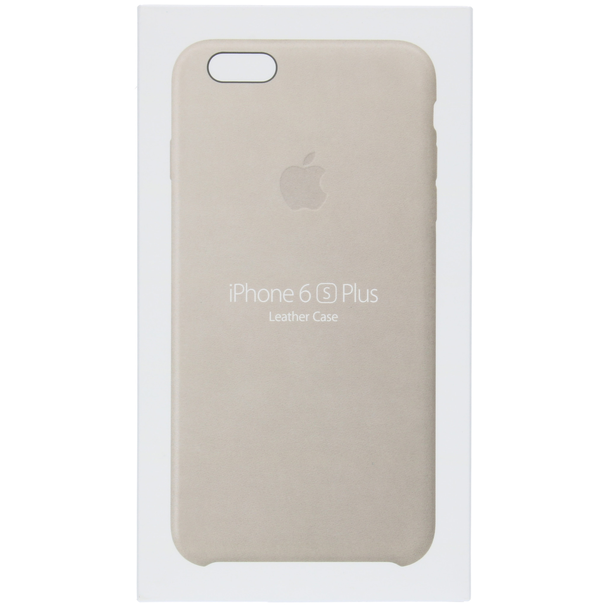 Tan lederen iPhone 6S Plus case in een witte doos. Apple logo en tekst zijn zichtbaar.