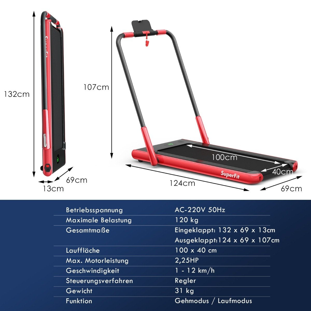 Se muestra una cinta de correr SuperFit roja y negra. Las dimensiones están etiquetadas. Una tabla a continuación enumera especificaciones como voltaje y peso.