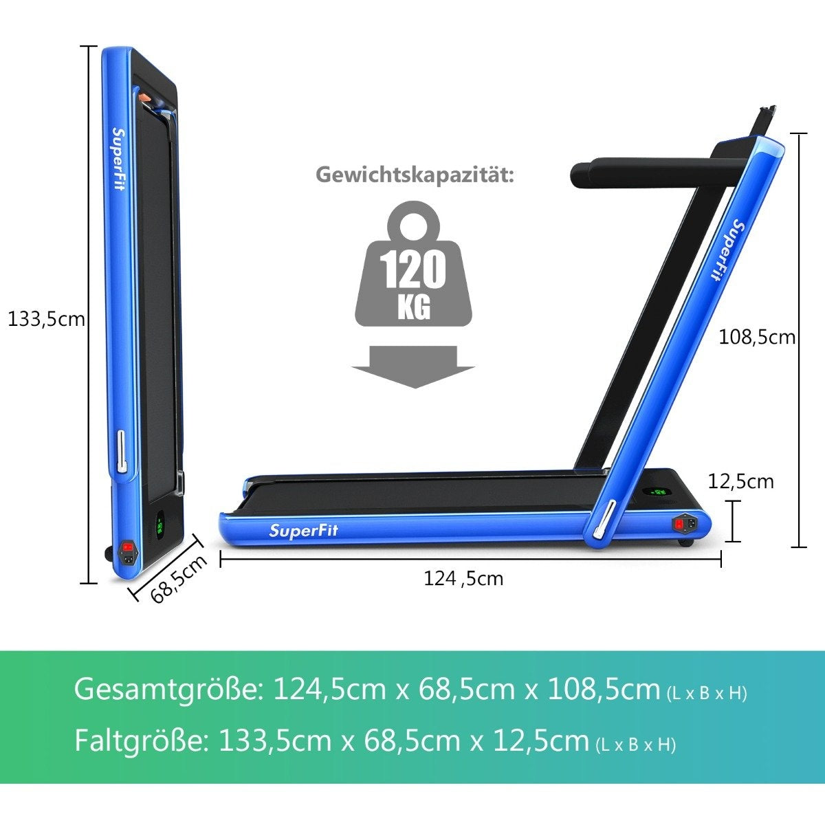 Una cinta de correr SuperFit azul y negra. Muestra dimensiones, capacidad de peso e información de tamaño plegado.