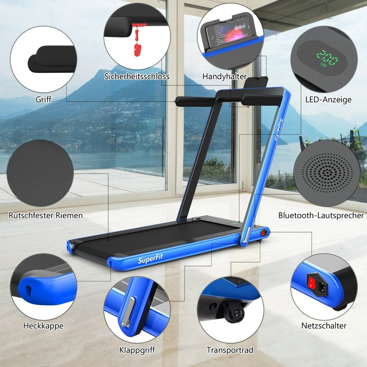 Una cinta de correr azul y negra con partes etiquetadas. Tiene un soporte para teléfono, un cierre de seguridad y una pantalla LED.