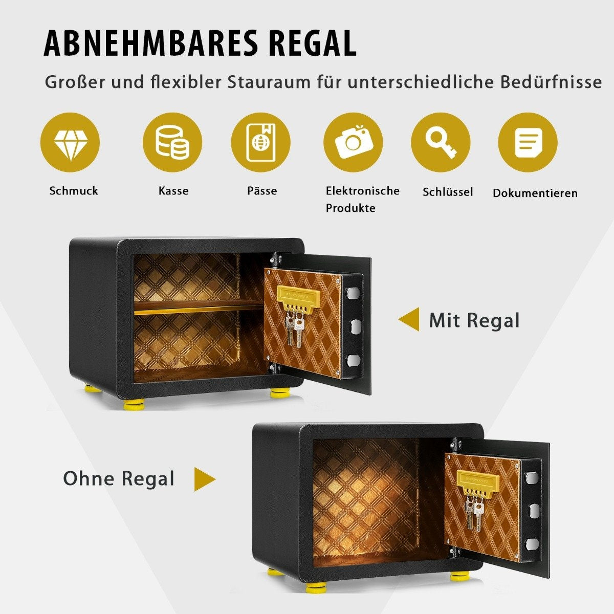 La imagen muestra dos cajas fuertes, una con estante y otra sin él. Las cajas fuertes son negras con interiores dorados, mostrando llaves.
