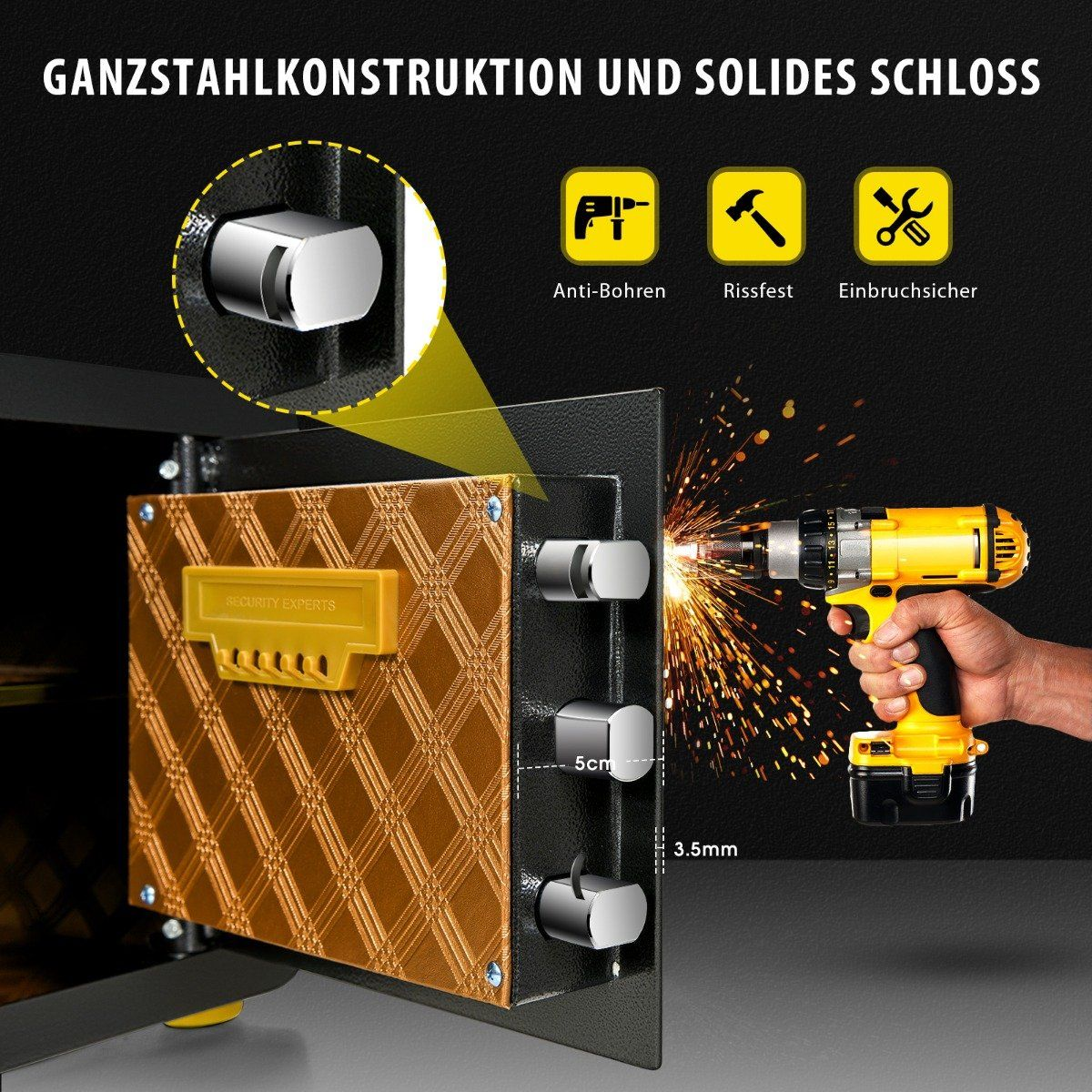 Una caja fuerte con puerta dorada. Se utiliza un taladro en la caja fuerte. El texto superior dice 'GANZSTAHLKONSTRUKTION UND SOLIDES SCHLOSS'.