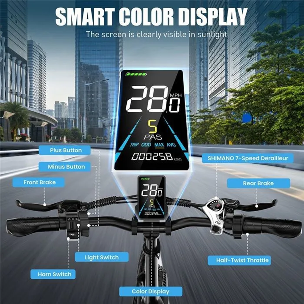 Manillar de una bicicleta eléctrica con una pantalla de velocidad que muestra 28.0 MPH. Los componentes etiquetados incluyen frenos, interruptores y un cambio Shimano.