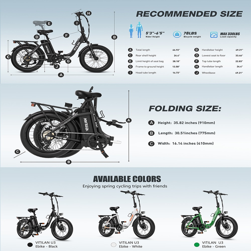 La imagen muestra una bicicleta eléctrica con especificaciones y colores disponibles: negro, blanco y verde. También se enumeran las dimensiones.