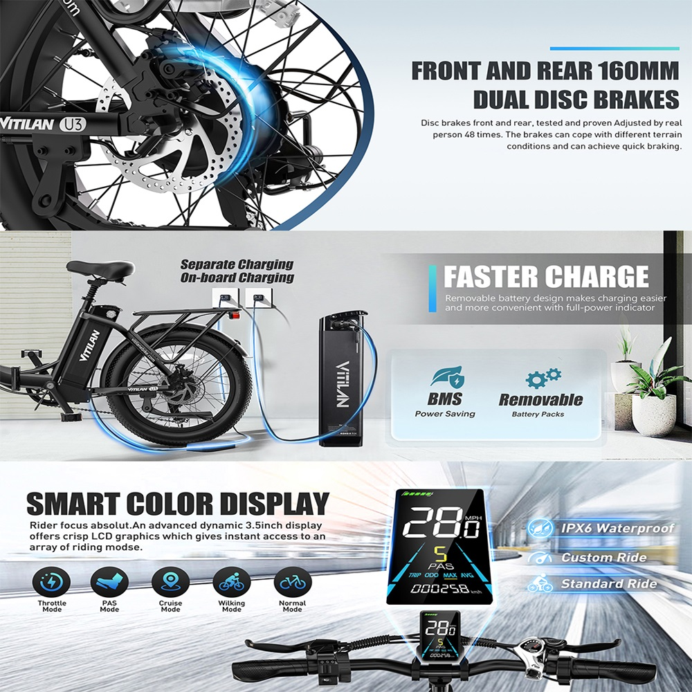 Bicicleta eléctrica con pantalla a color, frenos de disco dobles y batería extraíble para carga rápida.