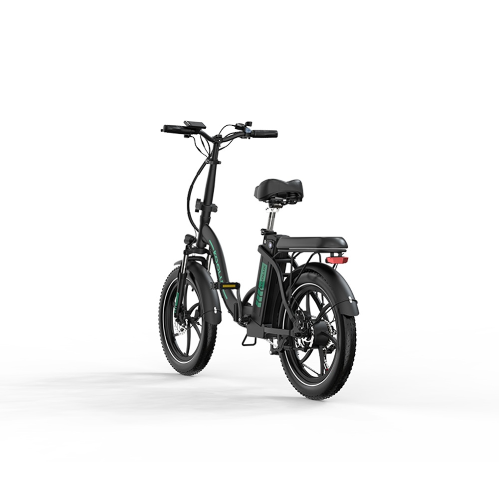 Bicicleta eléctrica plegable negra sobre fondo blanco. Incluye manillar, asiento, ruedas y luz trasera.
