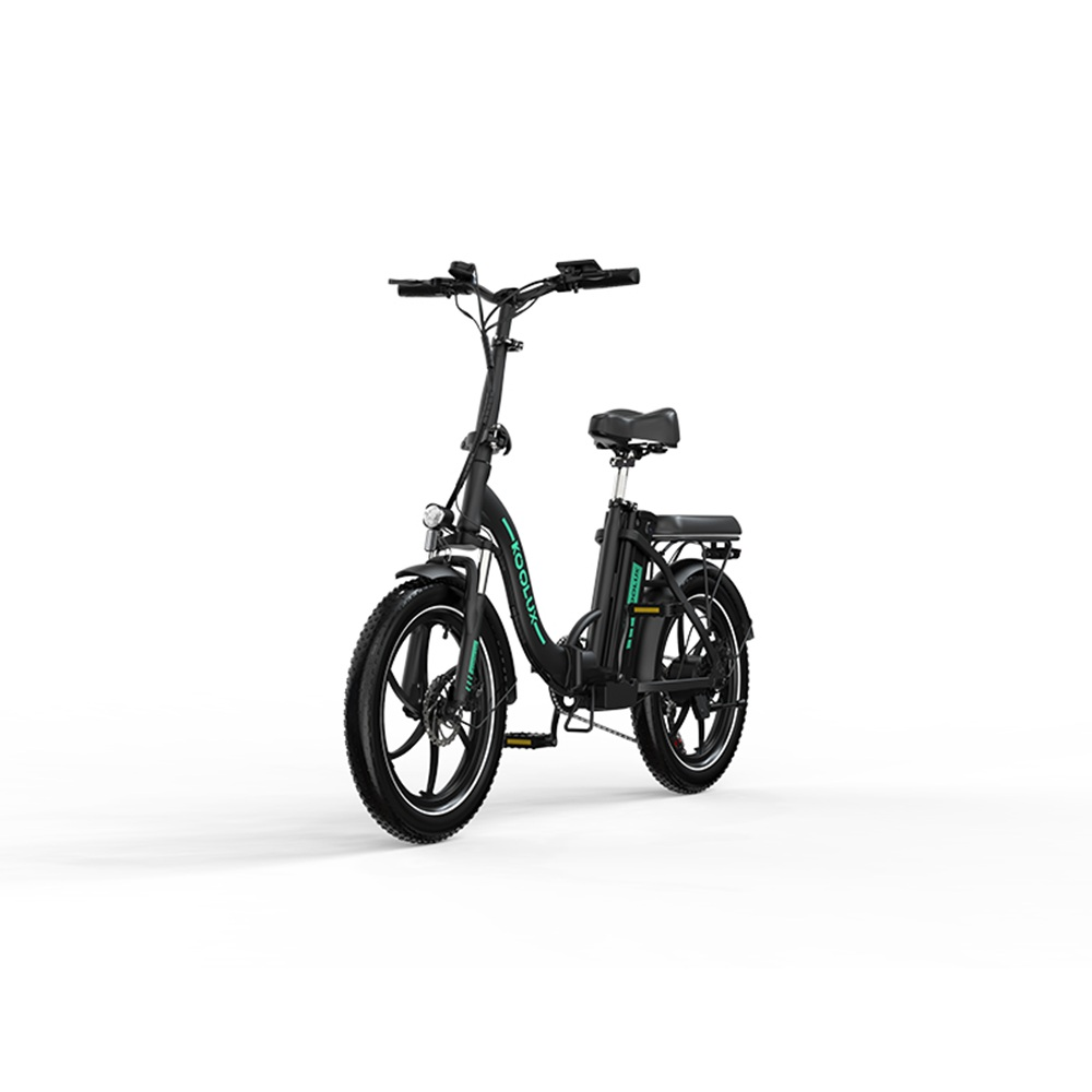 Una bicicleta eléctrica negra sobre fondo blanco. Tiene neumáticos grandes, asiento y manillar. El cuadro tiene detalles verdes.