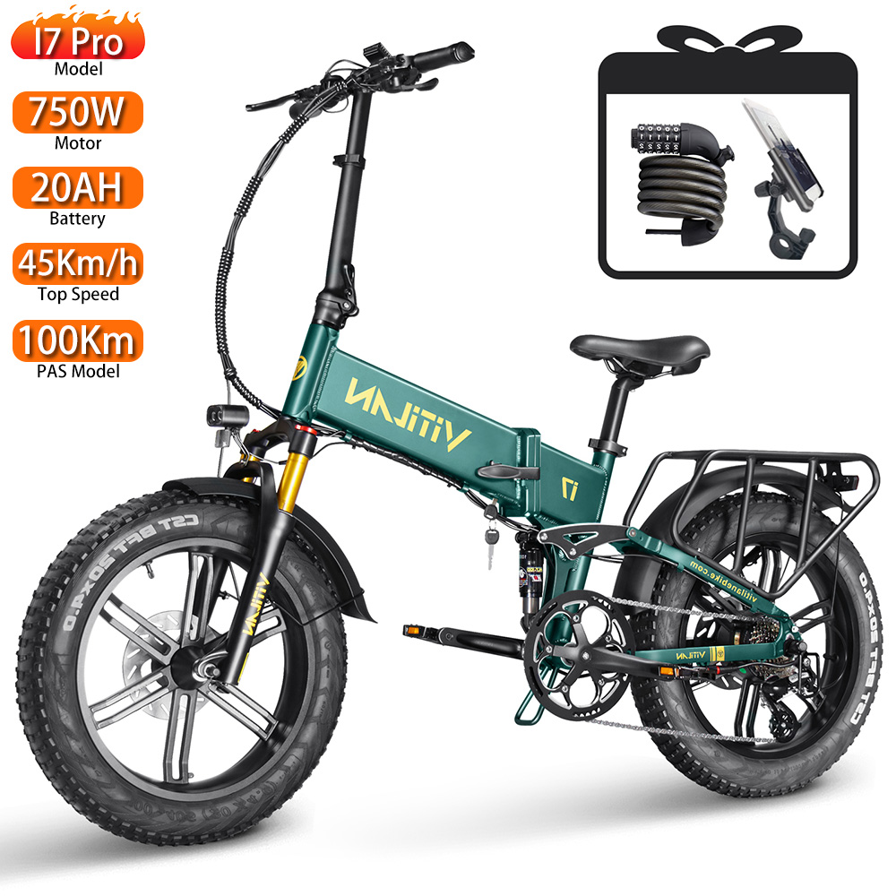 Bicicleta eléctrica verde con neumáticos negros, accesorios y una caja de regalo. Especificaciones: motor 750W, batería 20AH y velocidad máxima 45Km/h.