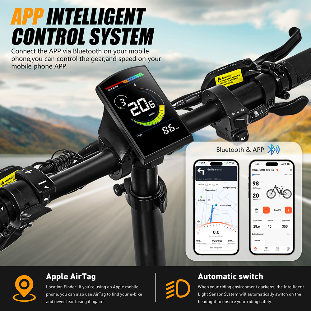 Patinete eléctrico con pantalla digital de velocidad. Apps de teléfono muestran control y funciones. Detalles de la app y AirTag.