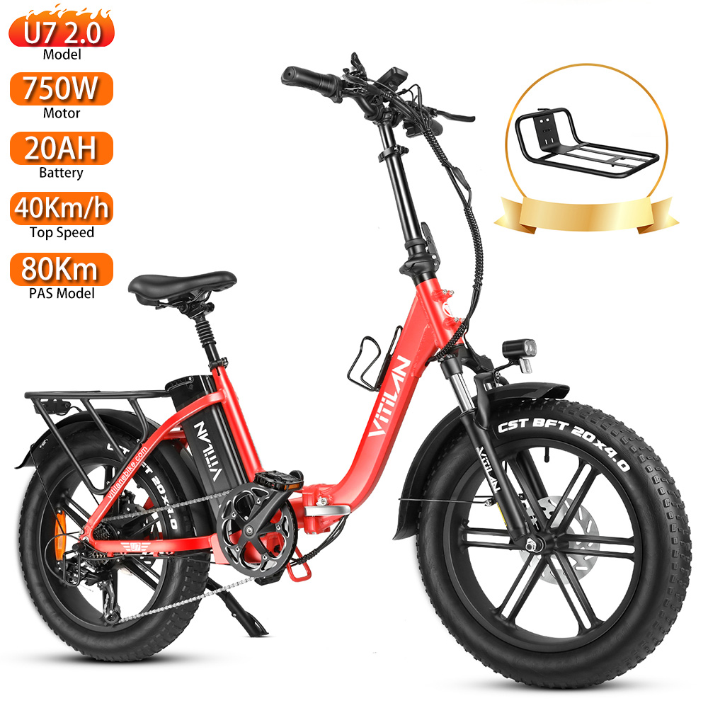 Bicicleta eléctrica plegable roja y negra con llantas anchas. Características: motor de 750W, batería de 20Ah y velocidad máxima de 40km/h.