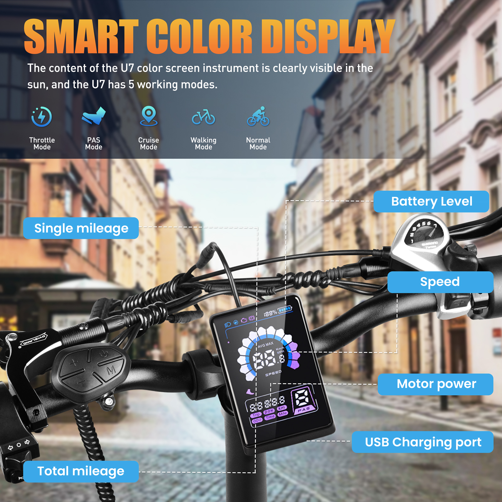 Manillar de e-bike con pantalla que muestra velocidad, batería y modos. Incluye botones y selector de marchas Shimano.