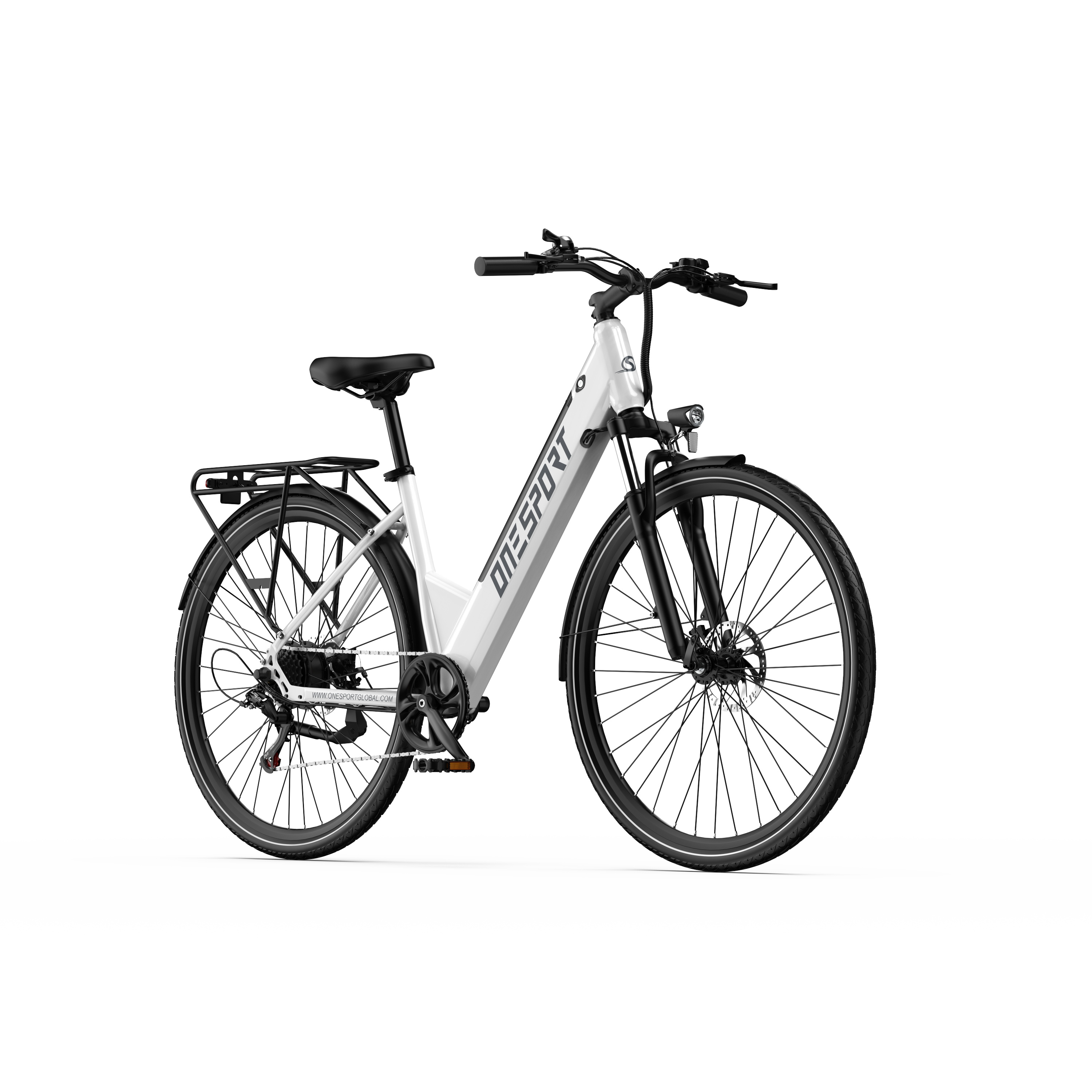Ein weißes Elektrofahrrad mit schwarzen Reifen und Akzenten vor weißem Hintergrund. Die Marke ist 'ONESPORT'.