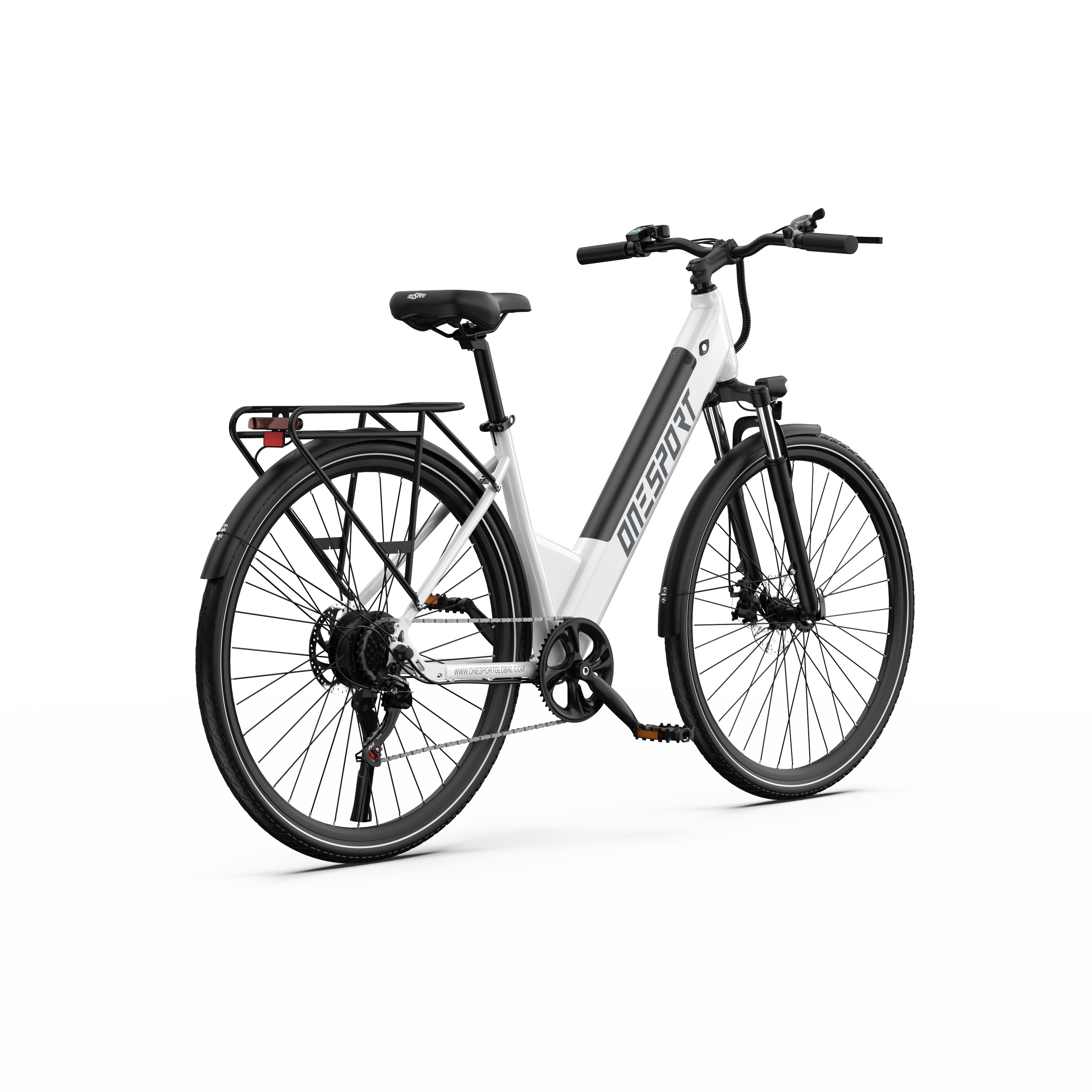 Bicicleta eléctrica blanca. Llantas, asiento y manillar negros. El marco tiene la marca. Aislado sobre fondo blanco.