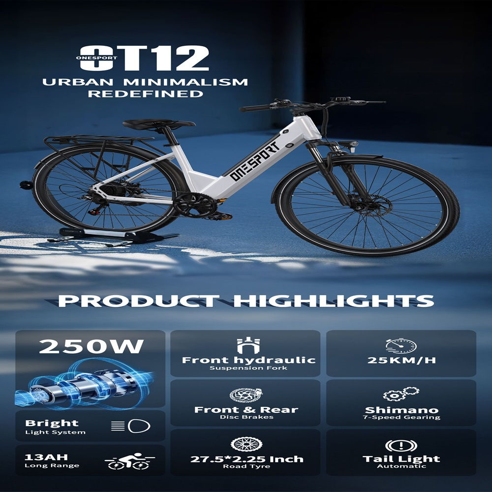 Bicicleta eléctrica blanca y negra con características del producto: 250W, hidráulica delantera, 25KM/H, luz brillante, frenos de disco, Shimano, etc.