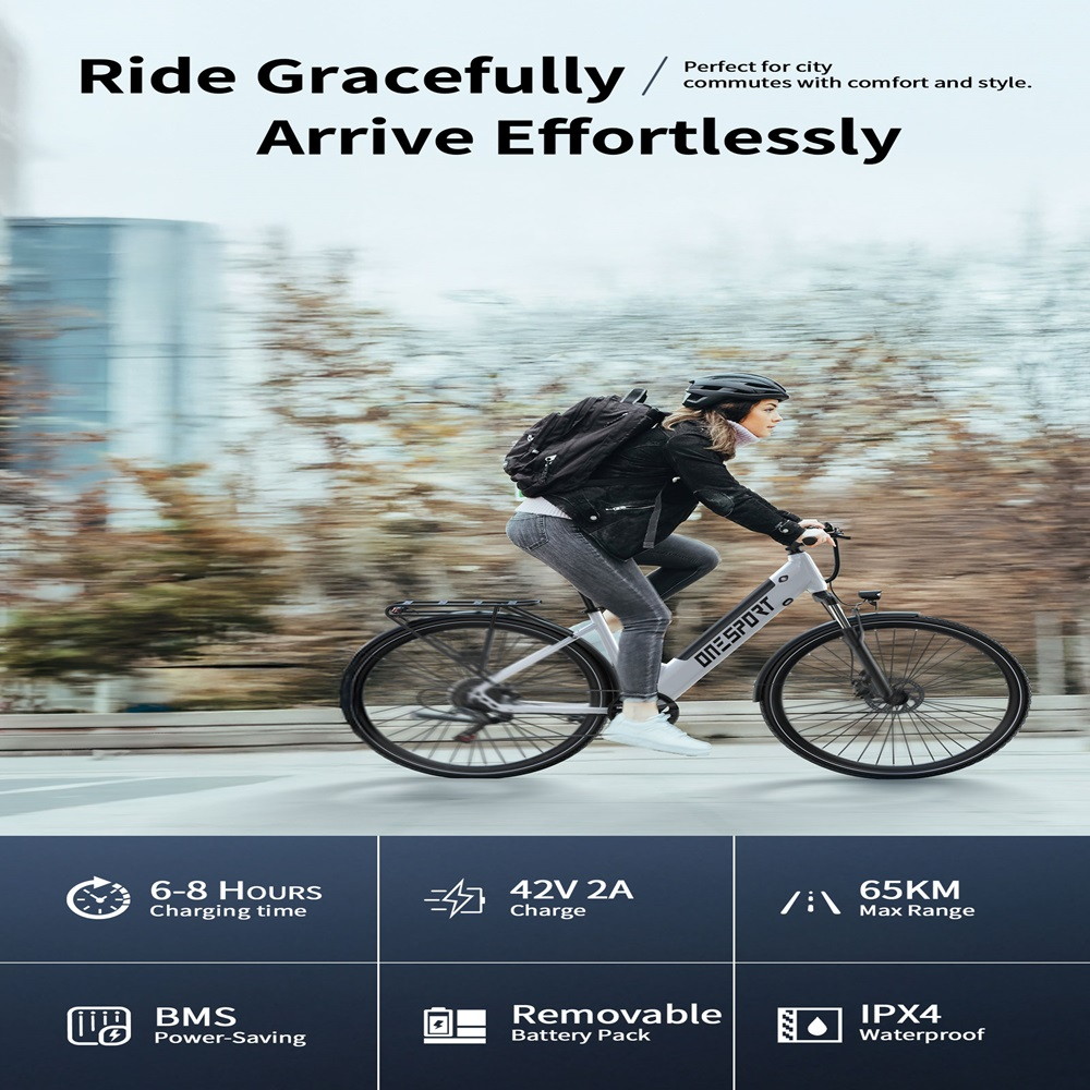 Una mujer monta en bicicleta eléctrica. La bicicleta es blanca con neumáticos negros. El texto de la imagen dice 'Ride Gracefully, Arrive Effortlessly'.