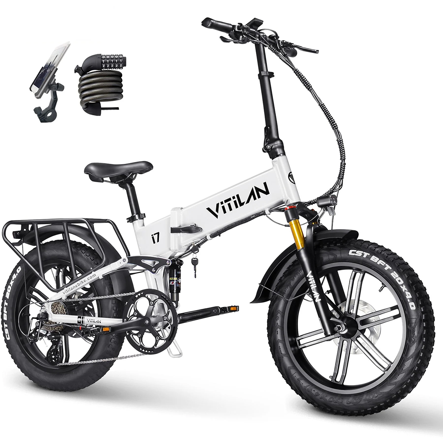Una bicicleta eléctrica Viltilan blanca con neumáticos negros, guardabarros delantero y accesorios. Incluye un soporte para teléfono y una cerradura de combinación.