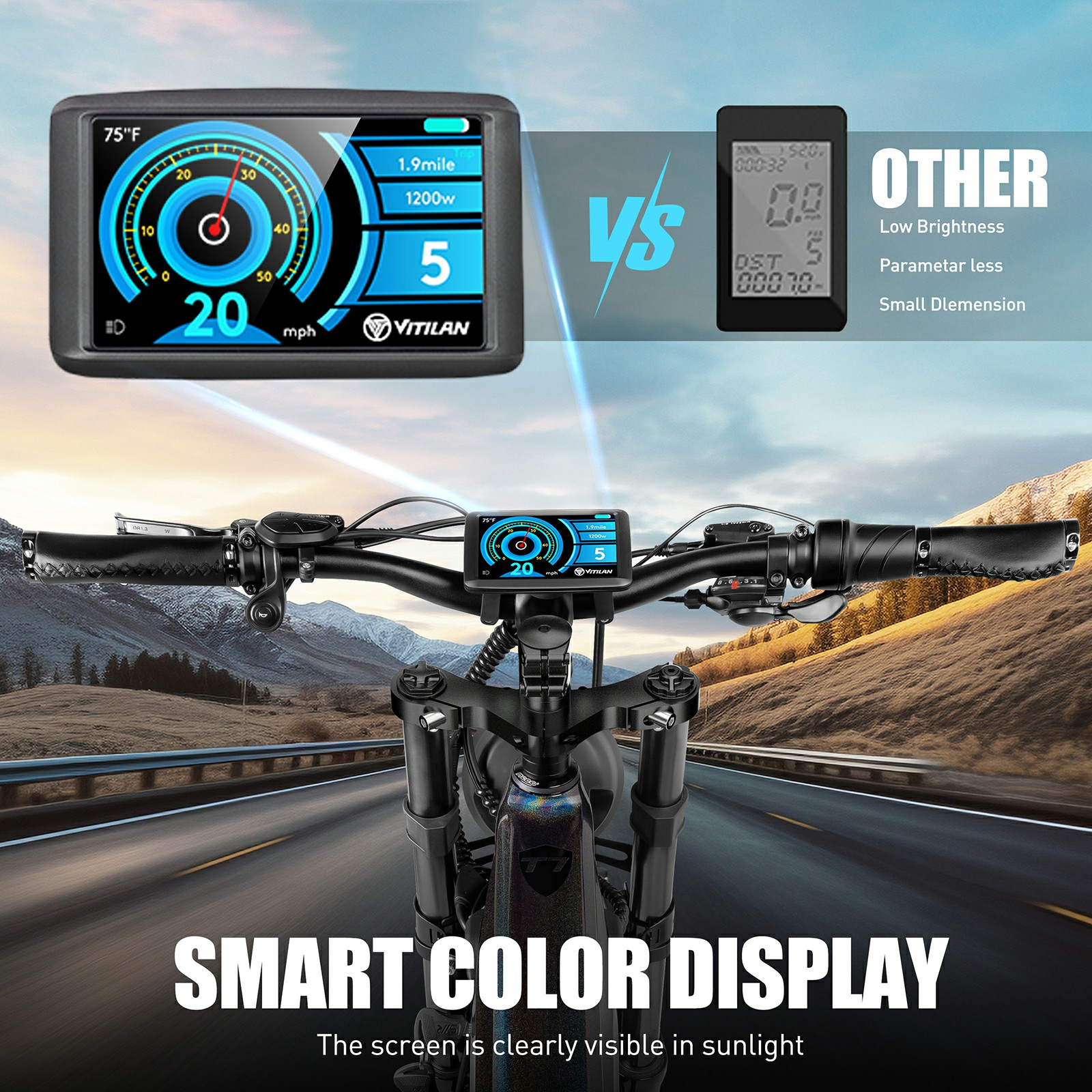 Manillar de bicicleta eléctrica con pantalla a color que muestra velocidad, temperatura y otros datos, carretera en el fondo.