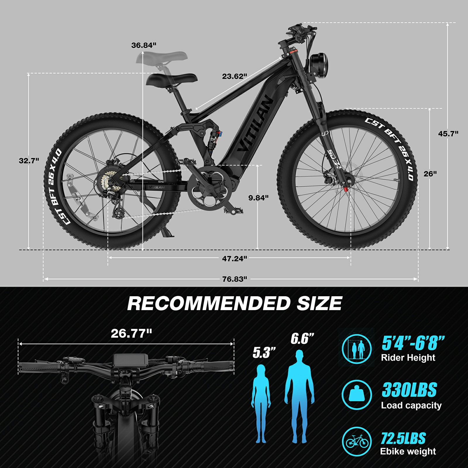 Una e-bike Vitilan negra con neumáticos gruesos y etiquetas de dimensiones. Incluye altura recomendada del ciclista y capacidad de carga.