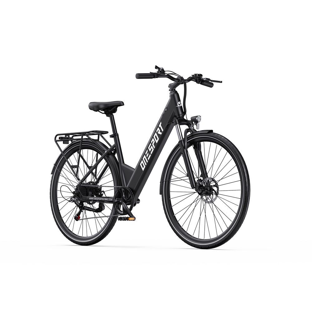 Bicicleta eléctrica negra. La marca 'ONESPORT' es visible. Tiene asiento, manillar, cesta y ruedas. Fondo blanco.