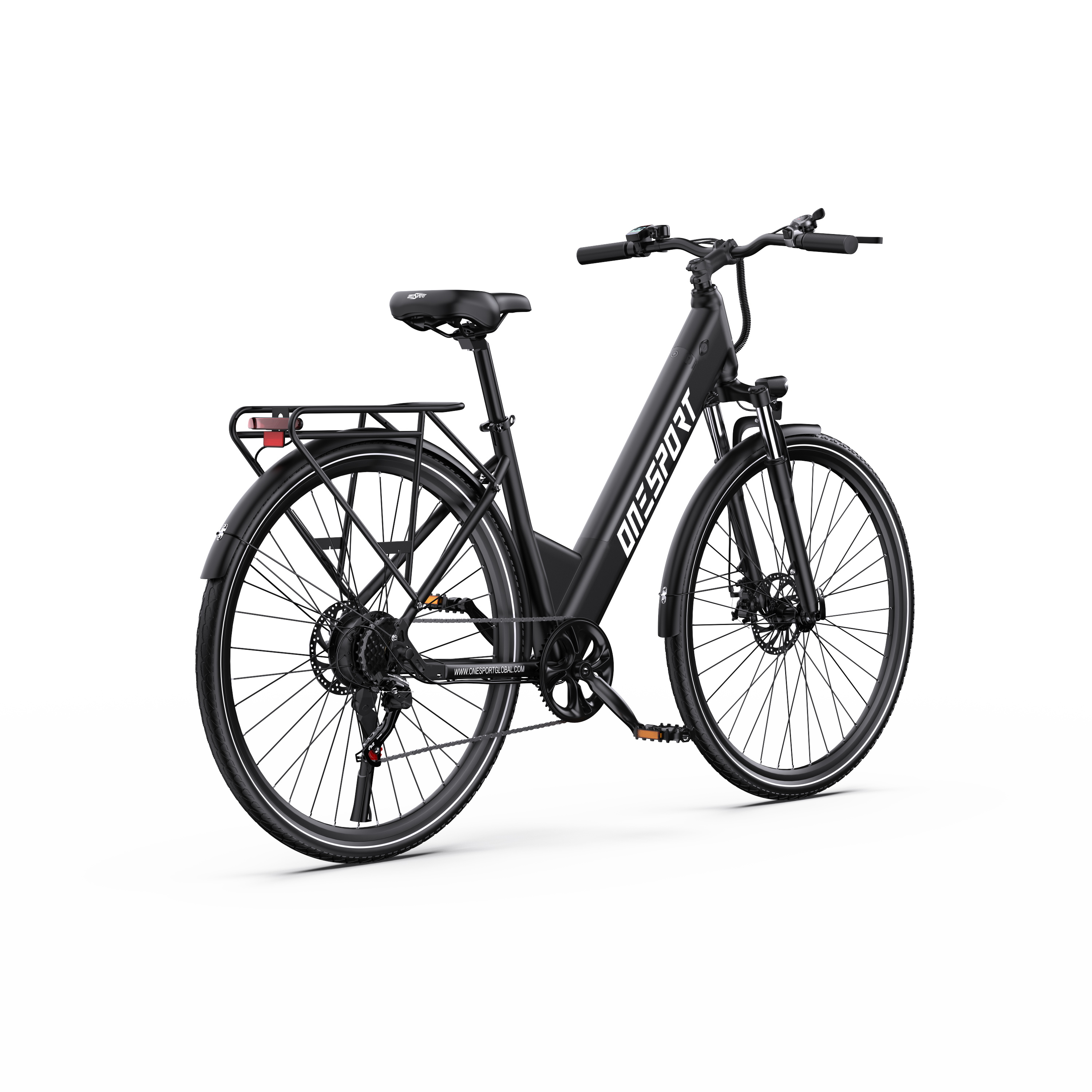 Una bicicleta eléctrica OneSport negra, sobre un fondo blanco. Tiene portaequipajes, guardabarros y luces delanteras y traseras.