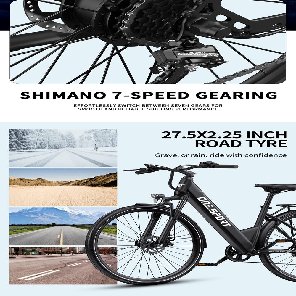 Una bicicleta negra con engranajes Shimano de 7 velocidades. Cuenta con neumáticos de carretera de 27,5x2,25 pulgadas. El texto dice 'conduce con confianza'.