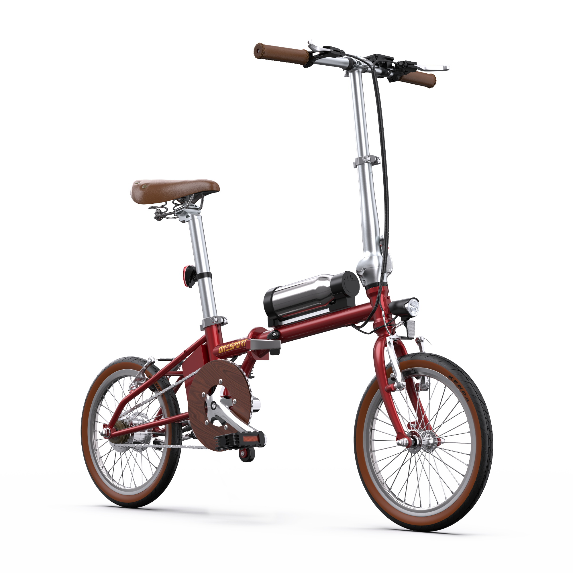 Bicicletta pieghevole rossa e argento. Ha pneumatici, sella e manubrio marroni. È su sfondo bianco.