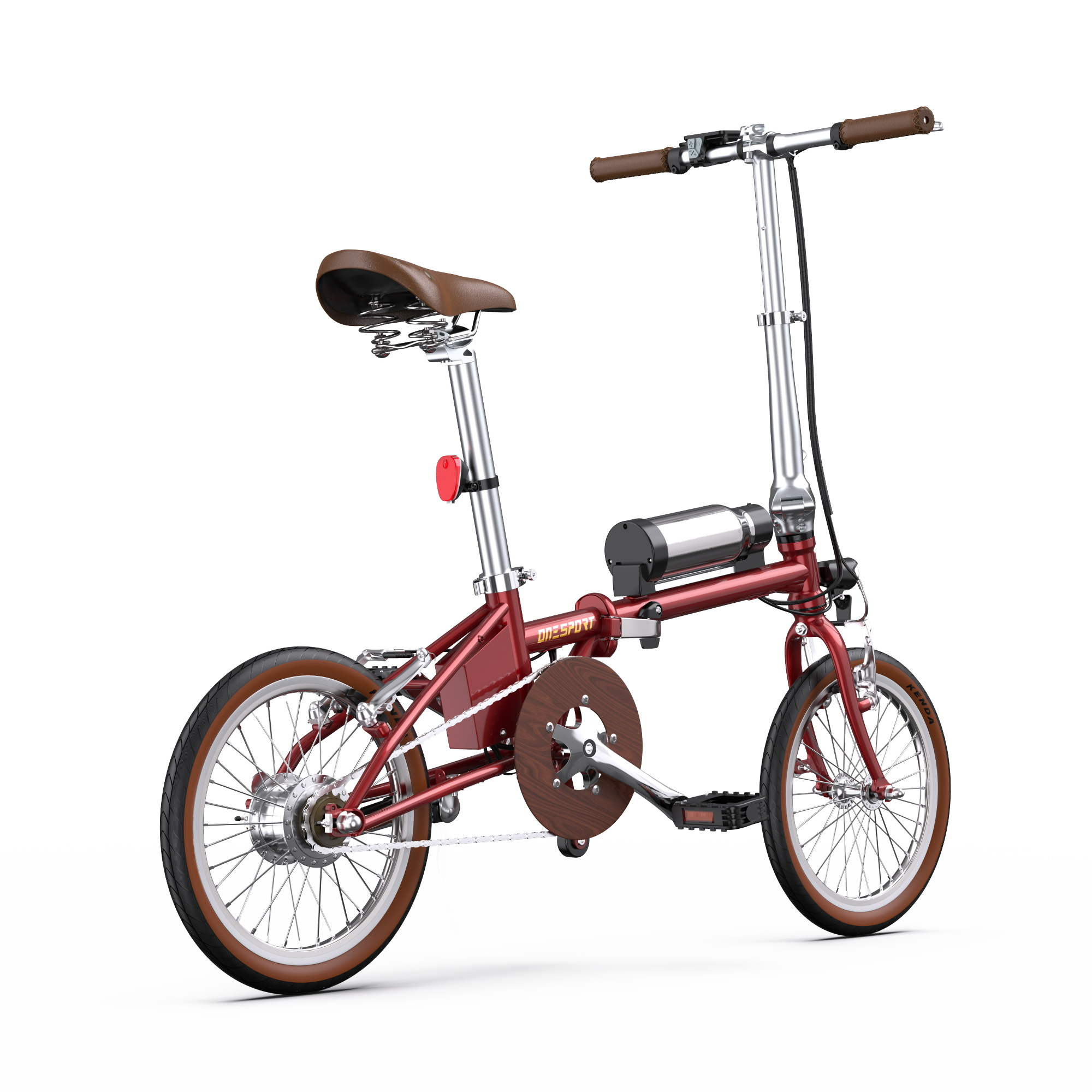 Ein rotes, zusammenklappbares Elektrofahrrad mit braunem Sattel, Lenkergriffen und Reifen. Der Hintergrund ist weiß.