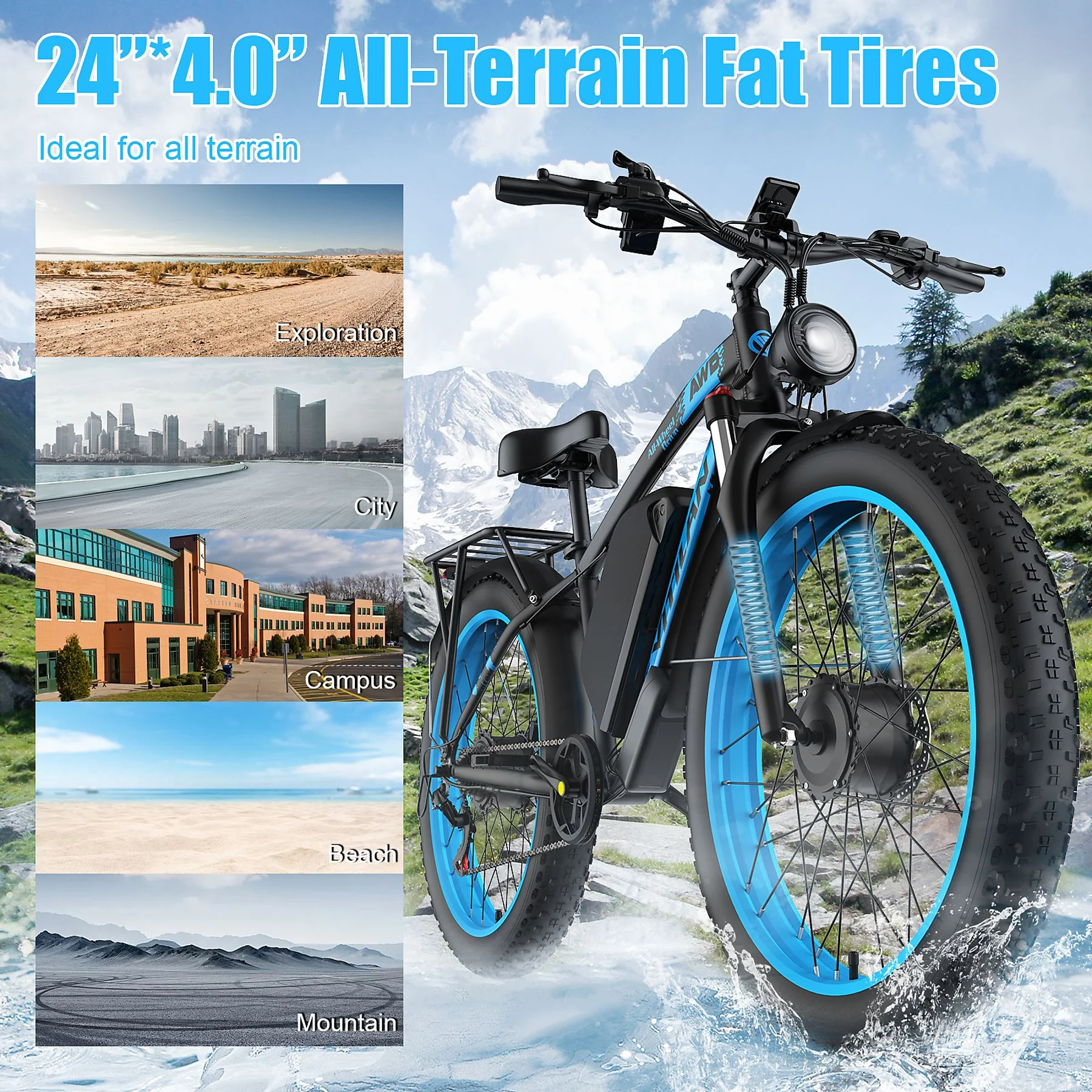 Se muestra una bicicleta eléctrica de neumáticos anchos todoterreno. Tiene detalles en azul y se muestra en varios terrenos como montaña y playa.