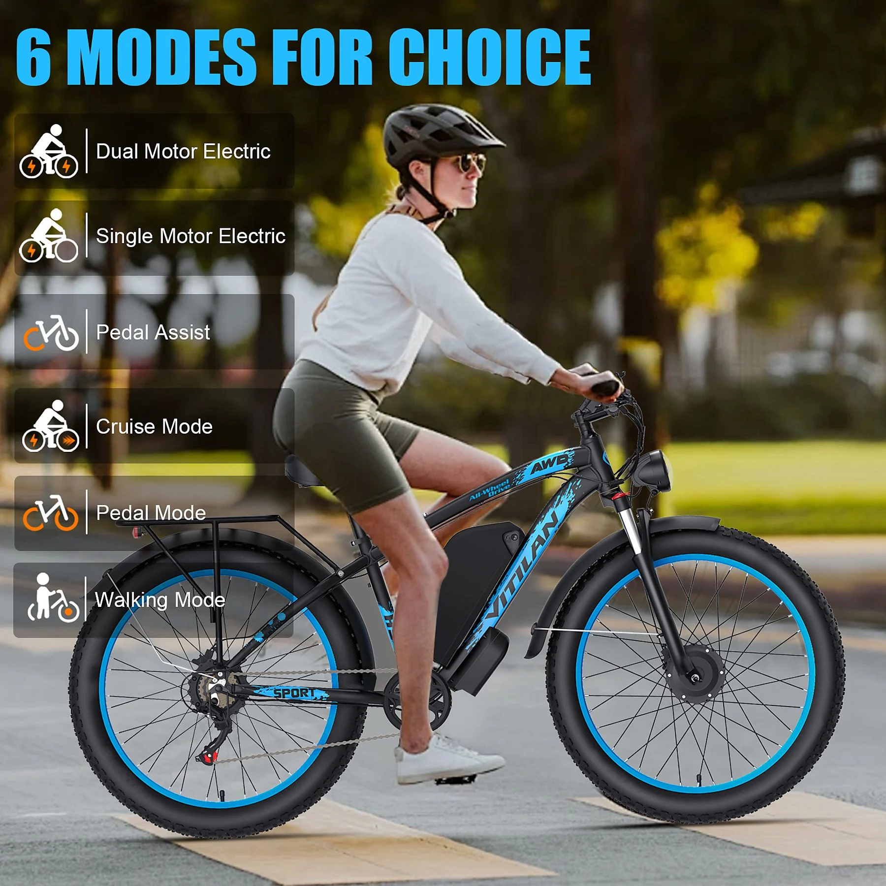Una mujer monta una bicicleta eléctrica negra y azul. La bicicleta tiene neumáticos gruesos y múltiples modos.