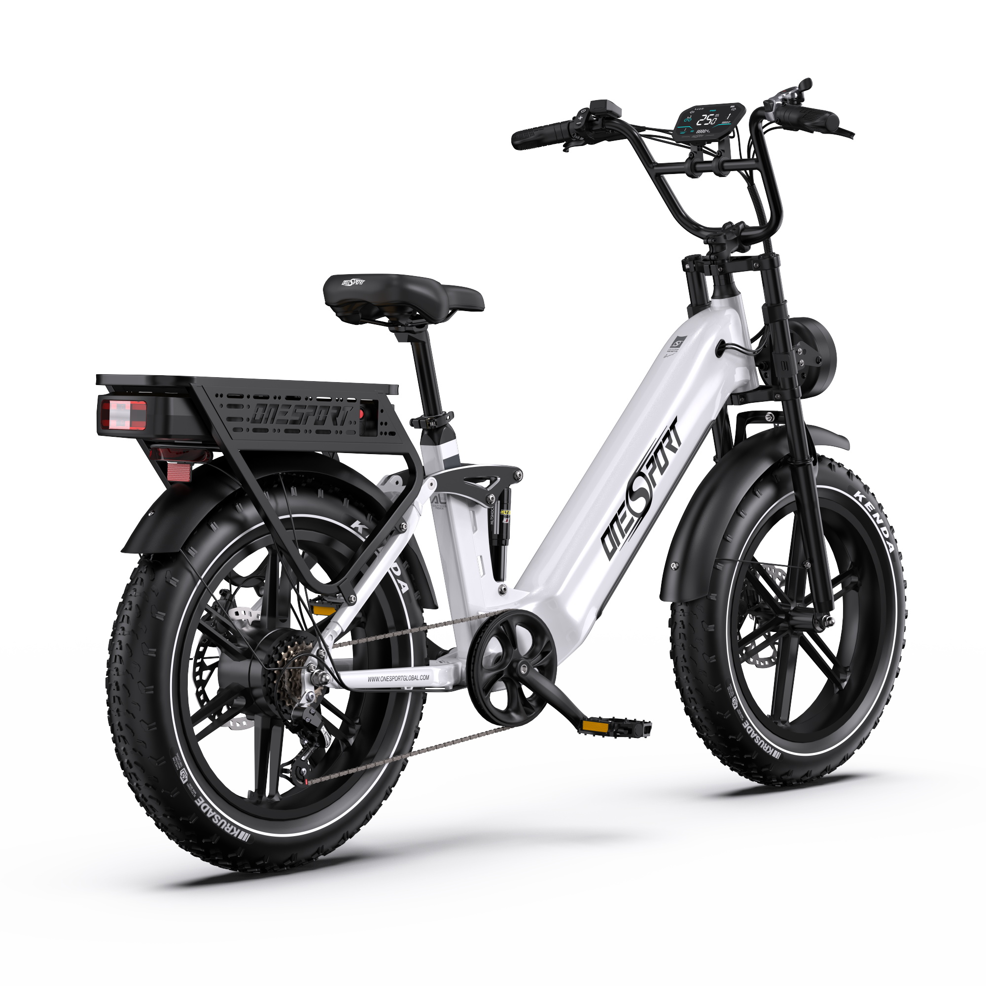 Una bicicleta eléctrica blanca y negra. Tiene batería, neumáticos grandes y una pantalla. La marca es 'ONESPORT'.