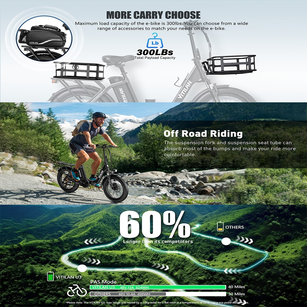 Hombre montando una e-bike en un camino de montaña. La imagen promueve las características y accesorios de la bicicleta.
