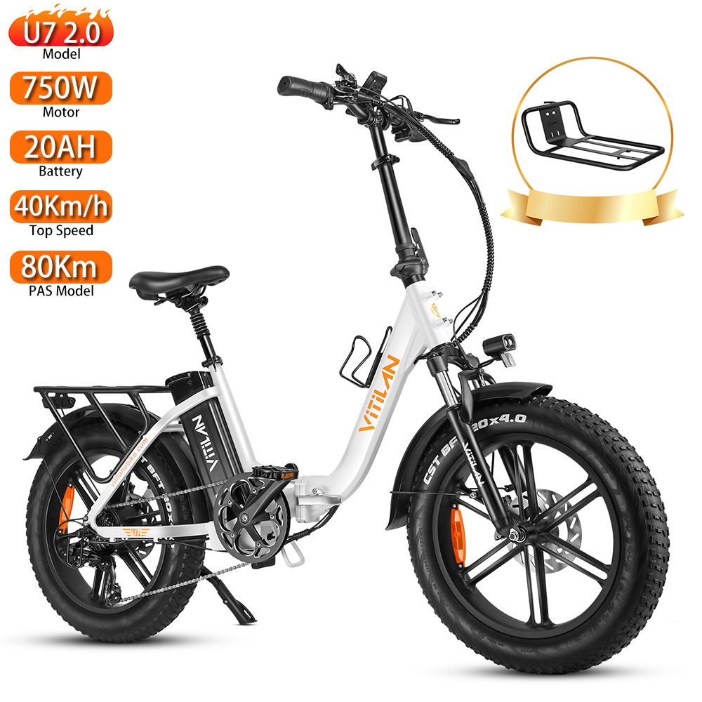 Bicicleta eléctrica blanca, neumáticos negros, detalles naranjas. Incluye motor 750W, batería 20Ah y velocidad máxima 40km/h.