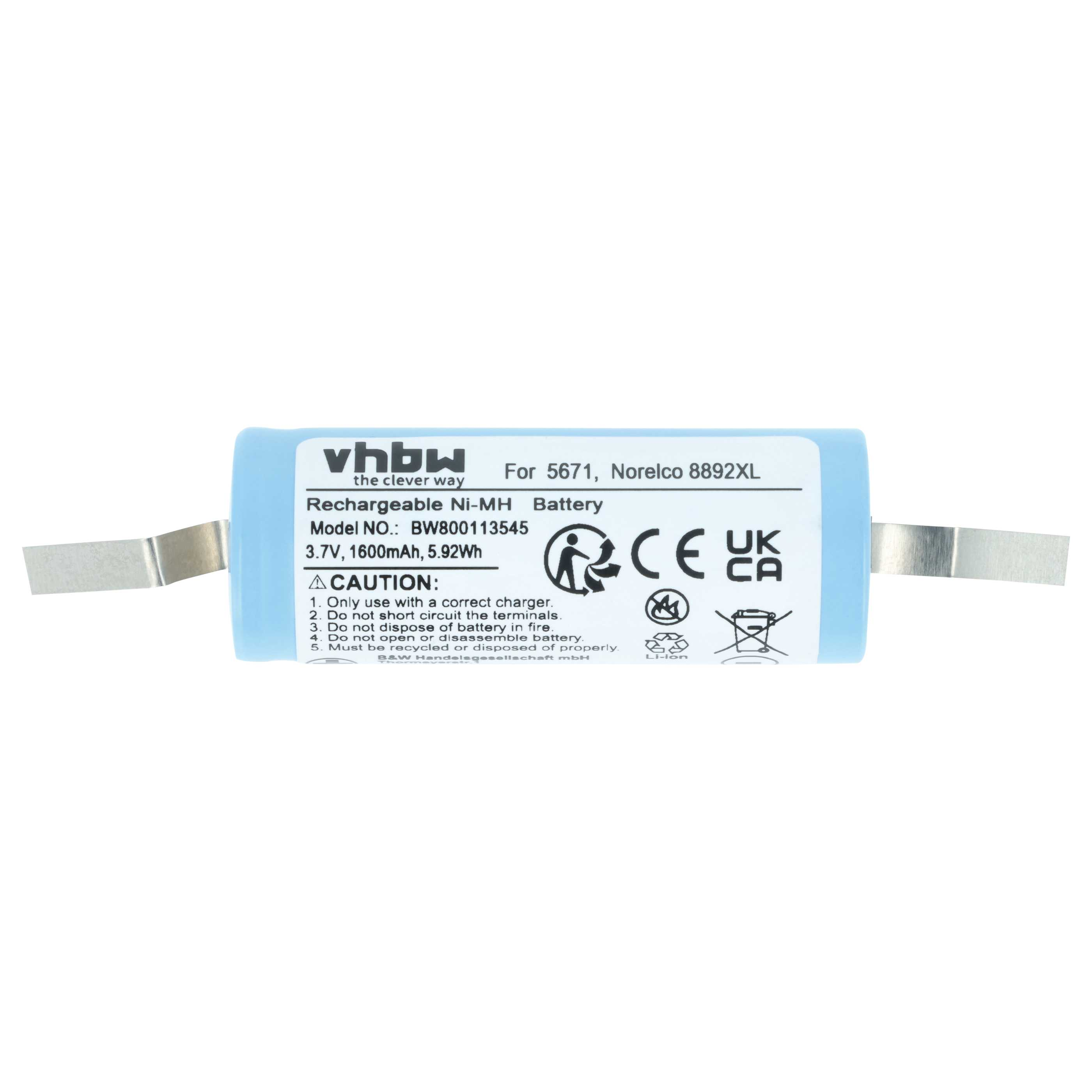 Ein blauer Akku mit silbernen Anschlüssen. Der Text auf dem Akku enthält 'Rechargeable Ni-MH Battery' und Warnhinweise.