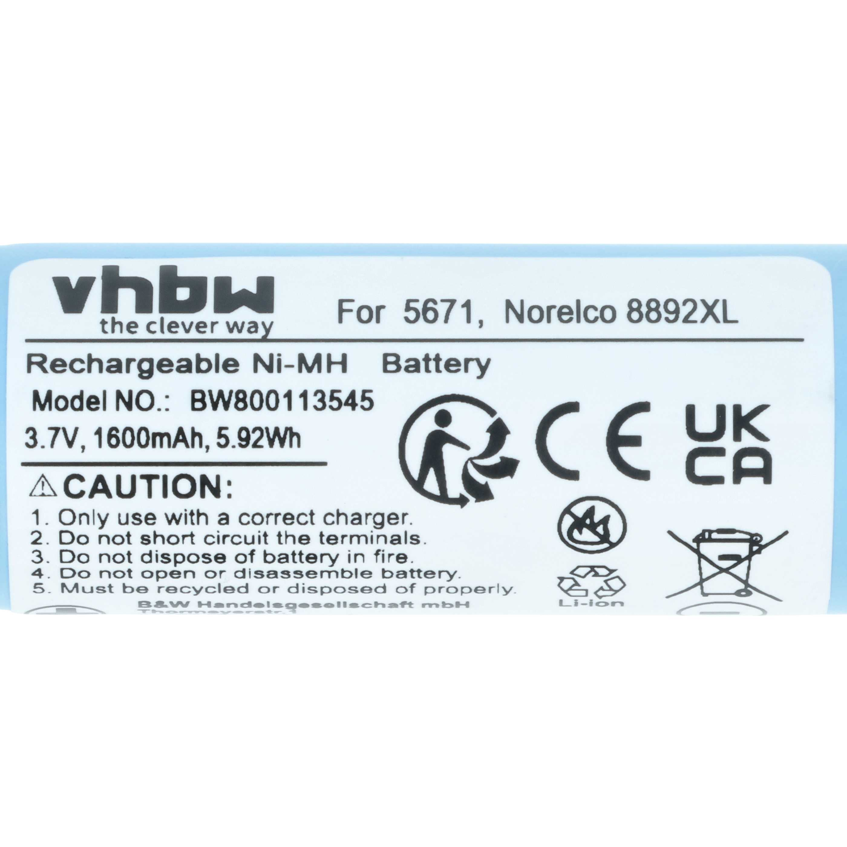 Ein Batterieetikett mit Text und Symbolen. Es steht vhbw, wiederaufladbar Ni-MH, 3,7 V und andere Warnhinweise.