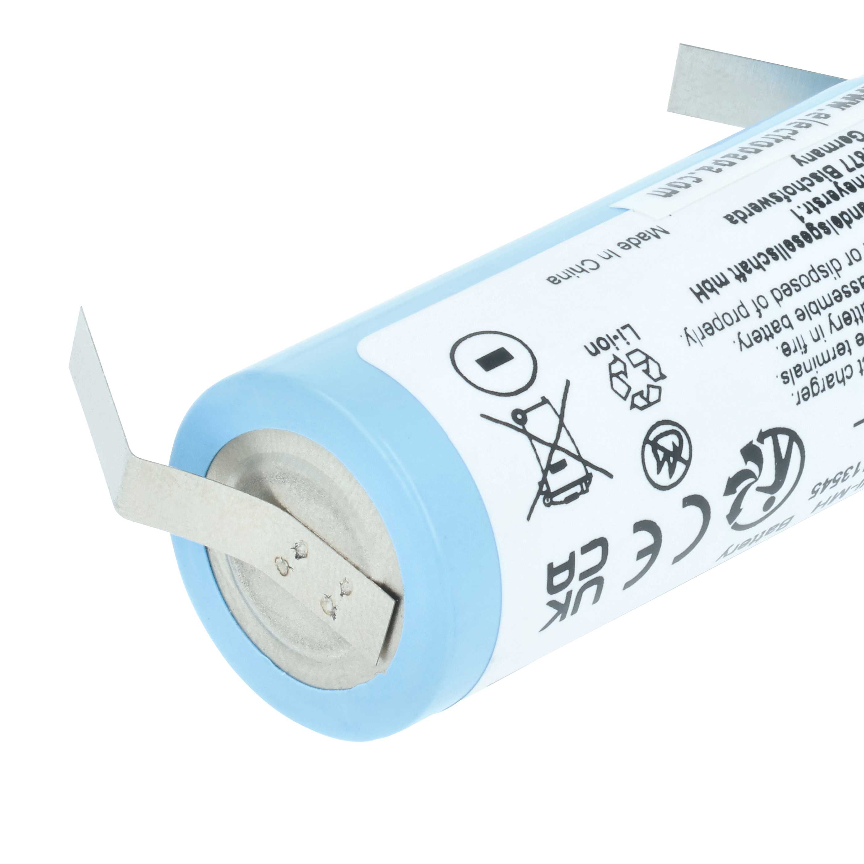Nahaufnahme einer Batterie mit blauem Deckel. Sie hat einen Metallstreifen und verschiedene Symbole und Text.