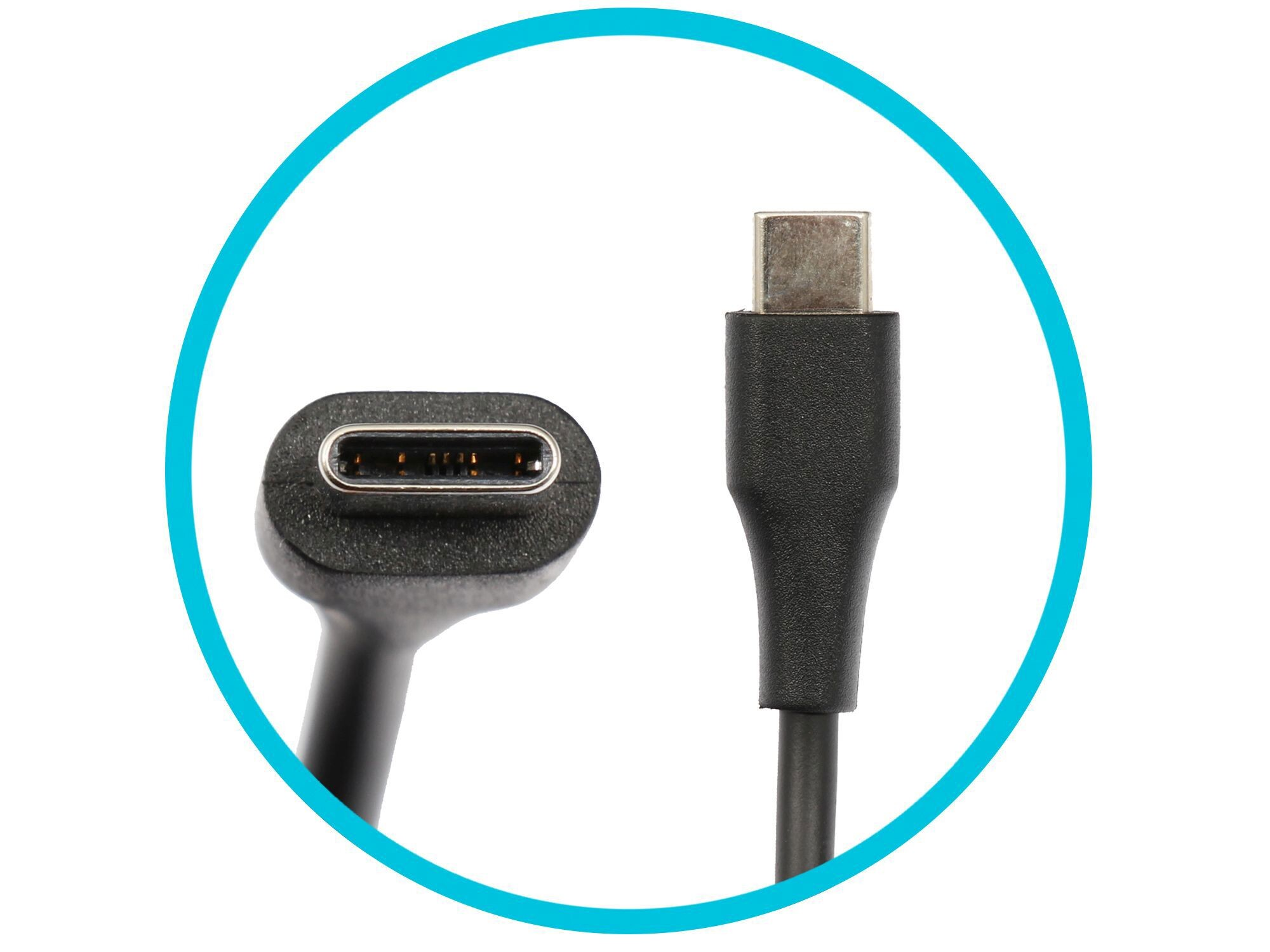 Zwei schwarze USB-C-Kabel, eines mit Stecker, das andere mit Anschluss. Beide befinden sich in einem blauen Kreis, vor weißem Hintergrund.