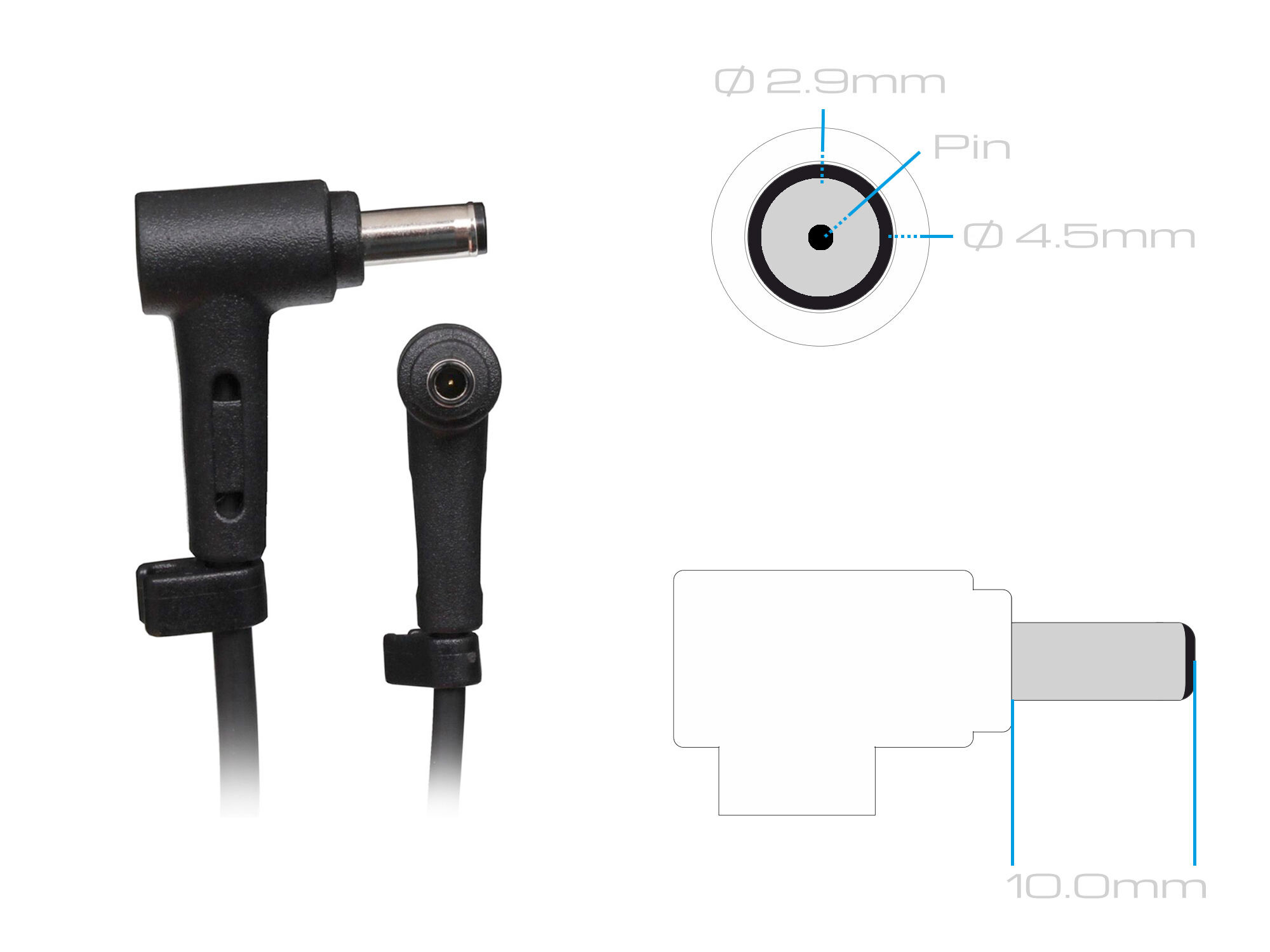 Diagramm eines schwarzen Netzteils mit Abmessungen. Zeigt Stecker, Anschluss und Querschnittsdetails. Inklusive Messungen.