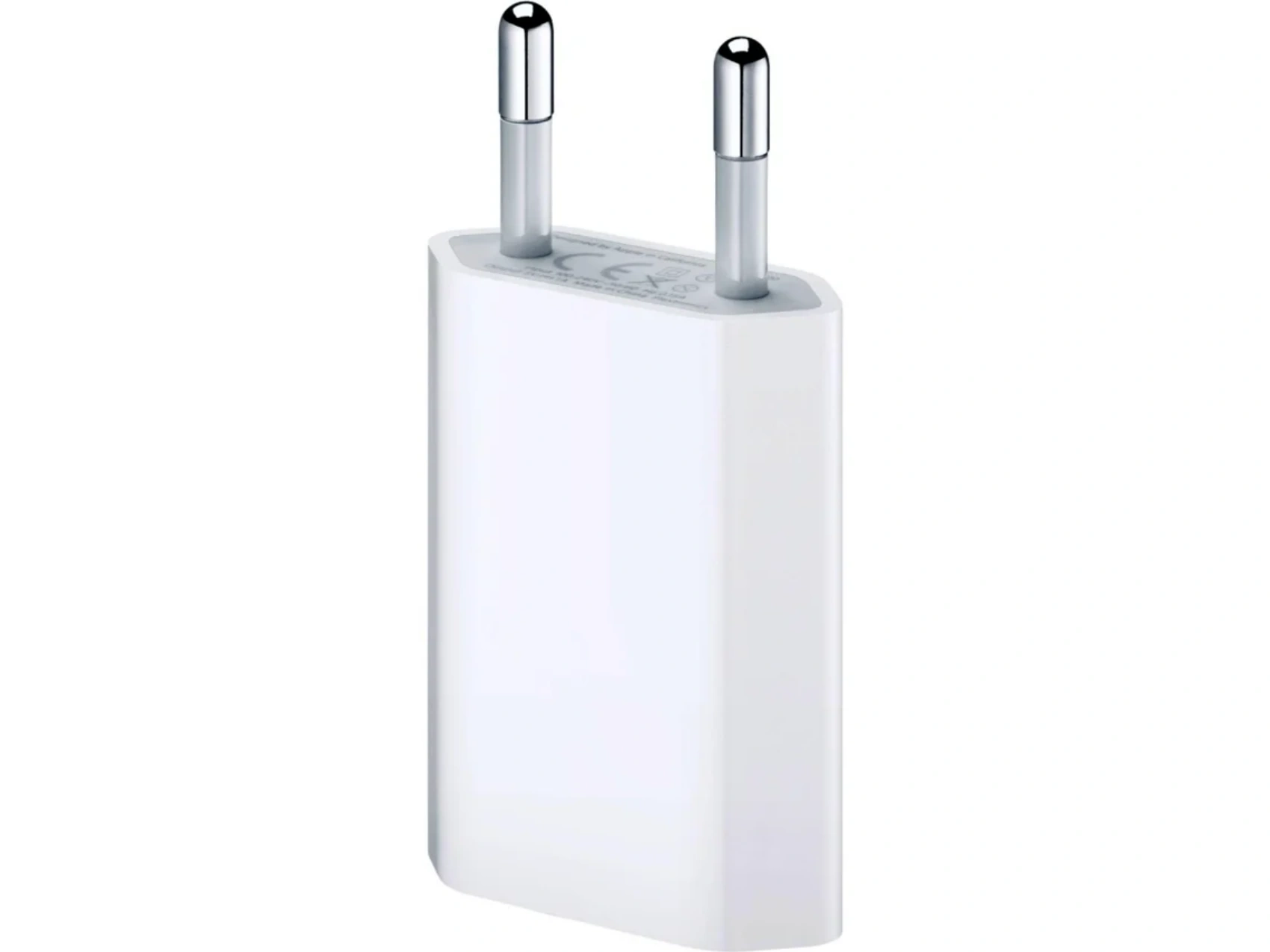 Ein weißes Apple-Ladegerät mit zwei silbernen Stiften. Das Ladegerät ist rechteckig und hat abgerundete Kanten.