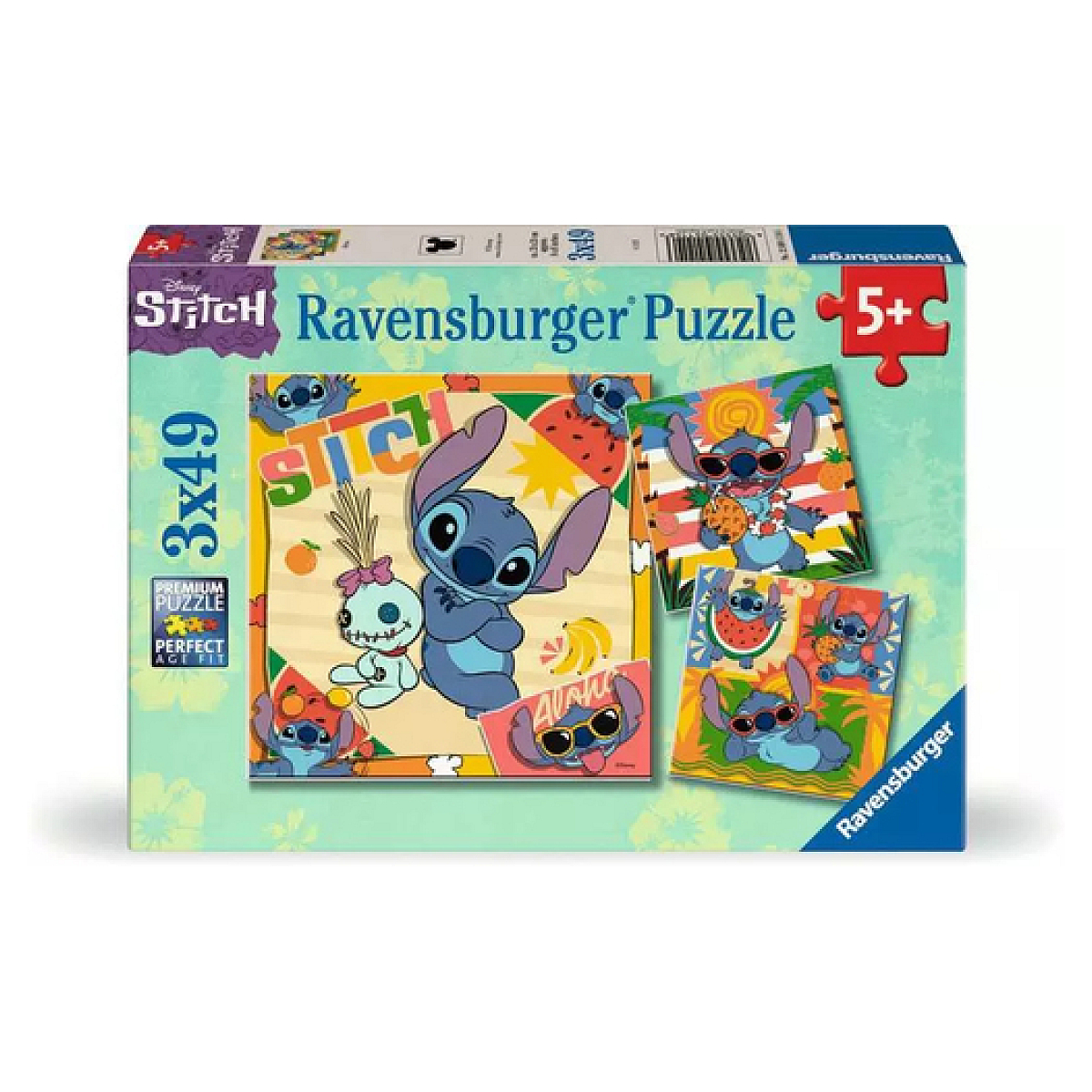 Pudełko puzzli Ravensburger z ilustracjami Stitch. Pudełko zawiera puzzle 3x49, z Stitch z owocami i tekstem Aloha.
