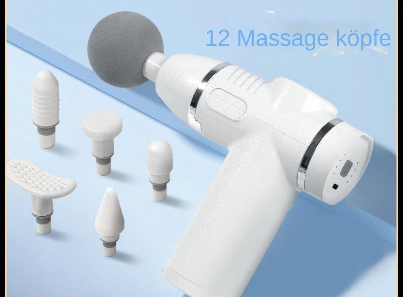 Weiße Massagepistole mit grauem Kugelaufsatz und 6 weißen Massageköpfen auf hellblauem Hintergrund, Text: 12 Massageköpfe.