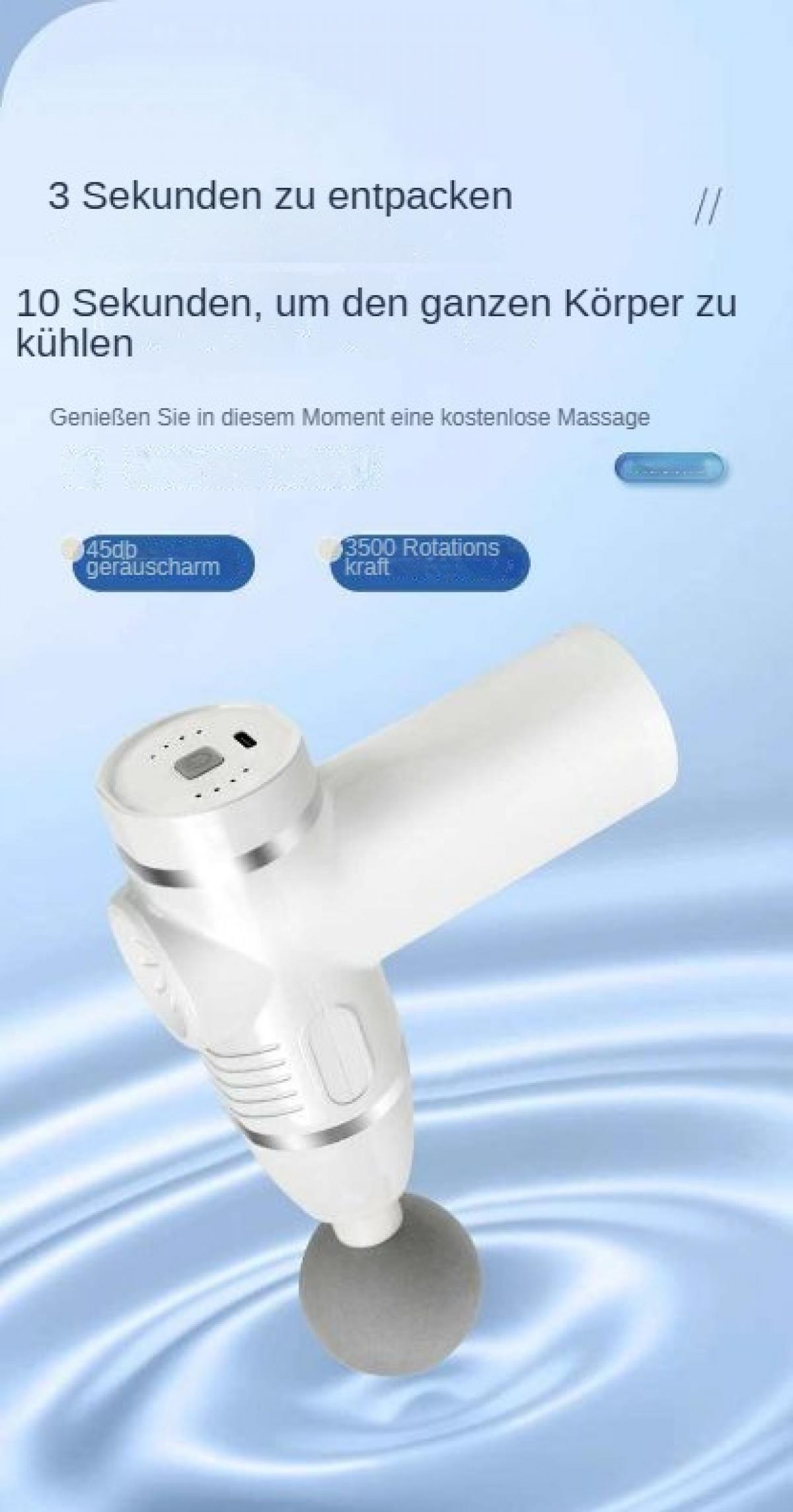 Eine weiße Massagepistole mit grauem Kugelkopf. Text auf Deutsch deutet auf schnelle Körperkühlung und eine kostenlose Massage hin.