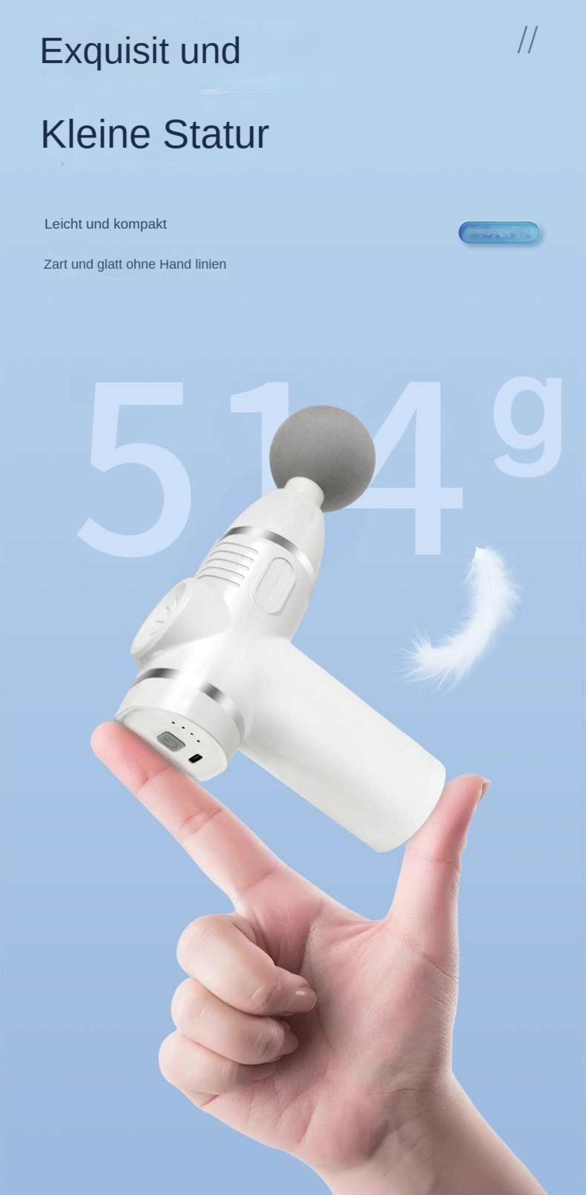 Ein weißes Handmassagegerät mit grauem Kopf wird in einer Hand vor blauem Hintergrund gehalten, mit Text und einer Feder.