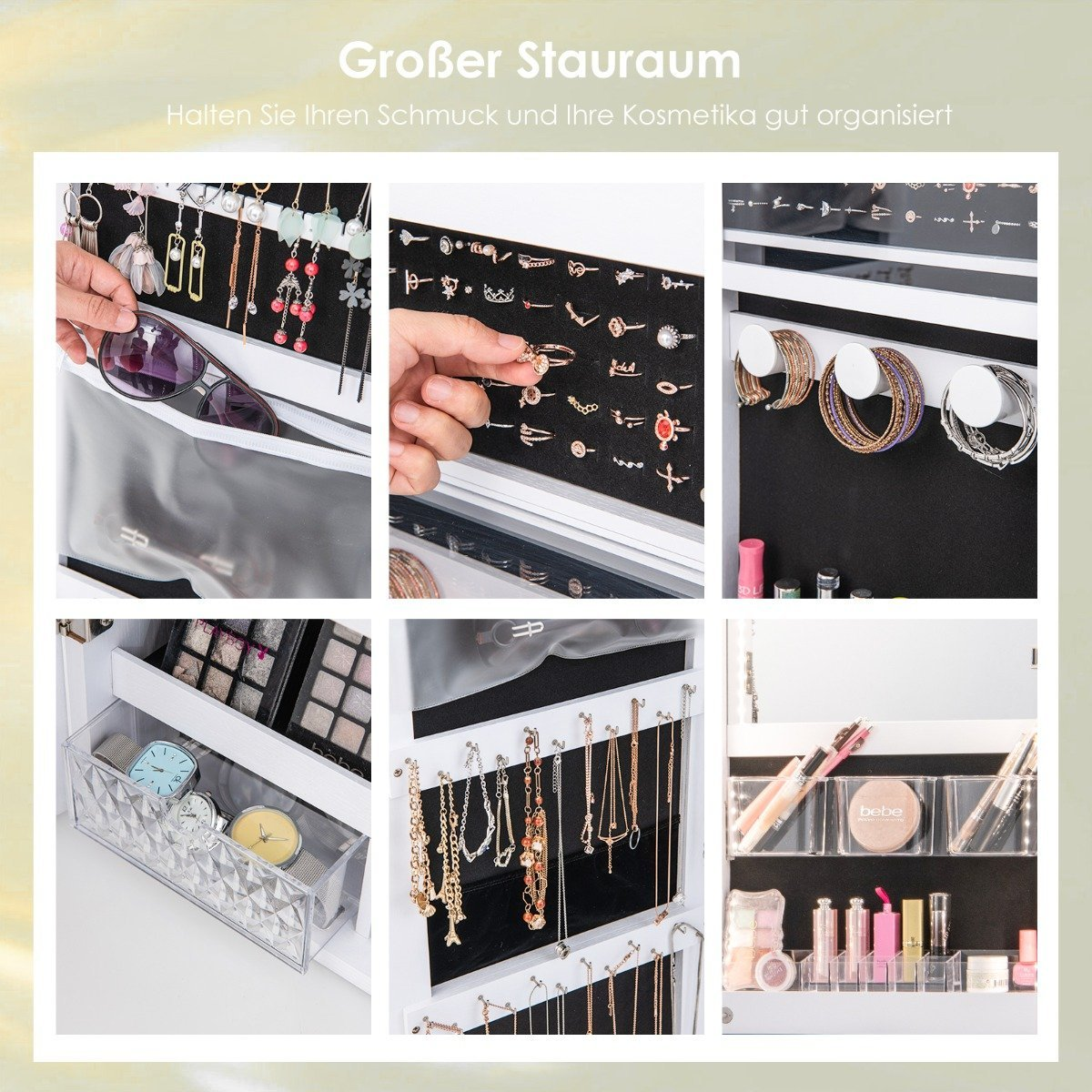 Un organizador de joyas blanco con varios compartimentos. Contiene joyas, relojes, maquillaje y gafas de sol. El texto dice 'Großer Stauraum'.
