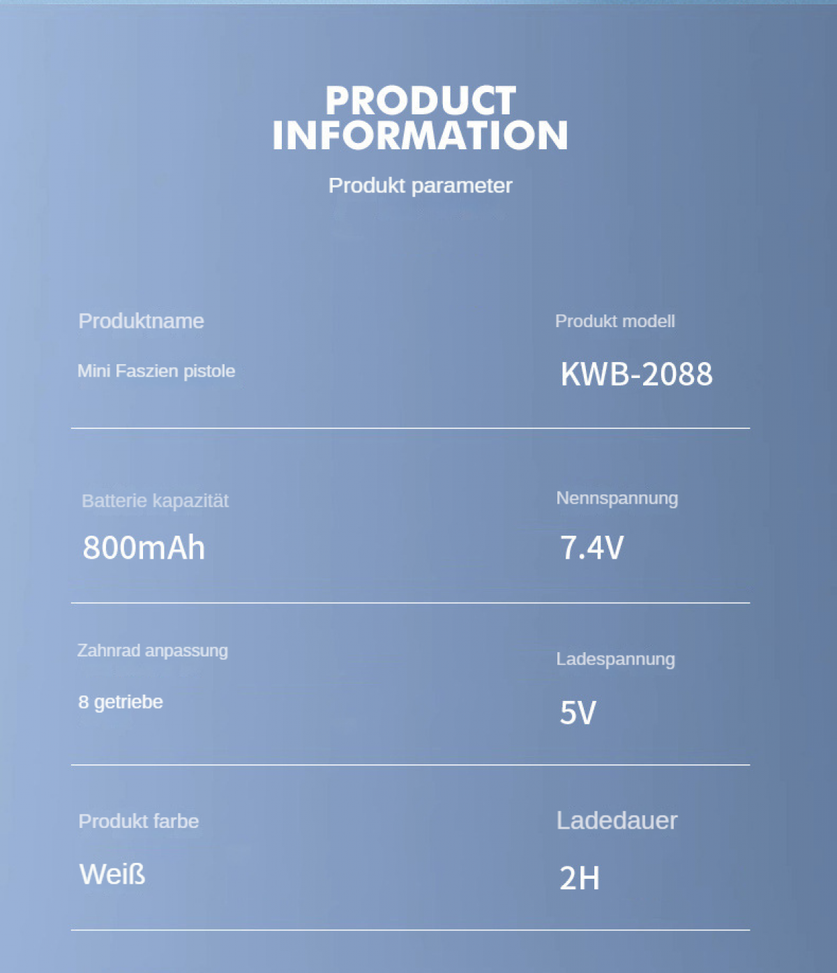 Produkttabelle mit Produktname, Modell, Batteriekapazität, Spannung, Ganganpassung, Farbe und Ladezeit.