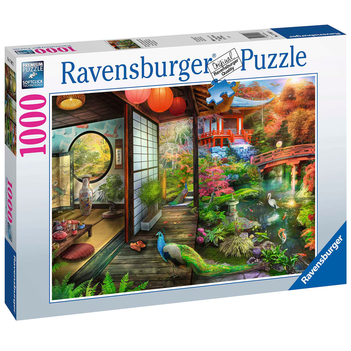 Pudełko z puzzlami ze sceną japońskiego ogrodu. Zawiera pawia, świątynię, staw z karpiami koi i czerwony most.