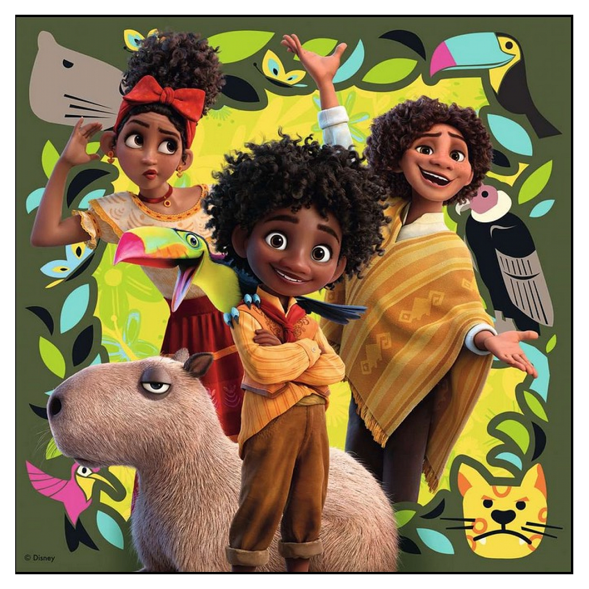 Personaggi animati di Encanto: tre persone, un tucano, un capibara e altri animali. Sfondo verde e giallo con foglie.