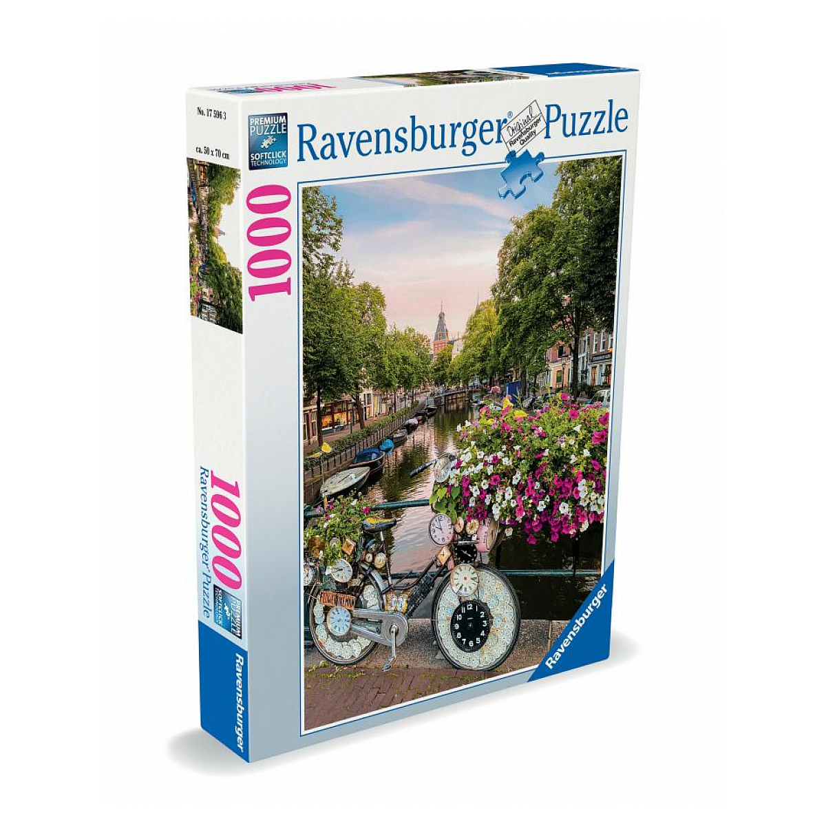 Pudełko z puzzlami ze sceną kanału. Rower ozdobiony zegarami i kwiatami na pierwszym planie, kanał w środku i budynki w tle.