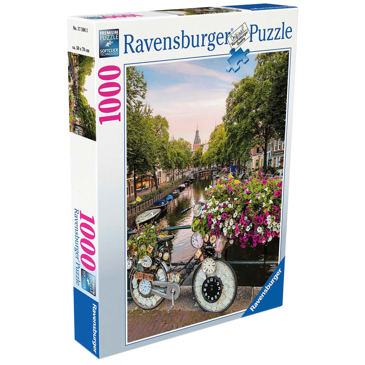 Pudełko z puzzlami Ravensburger przedstawia scenę z kanałem i rowerem ozdobionym zegarami i kwiatami.