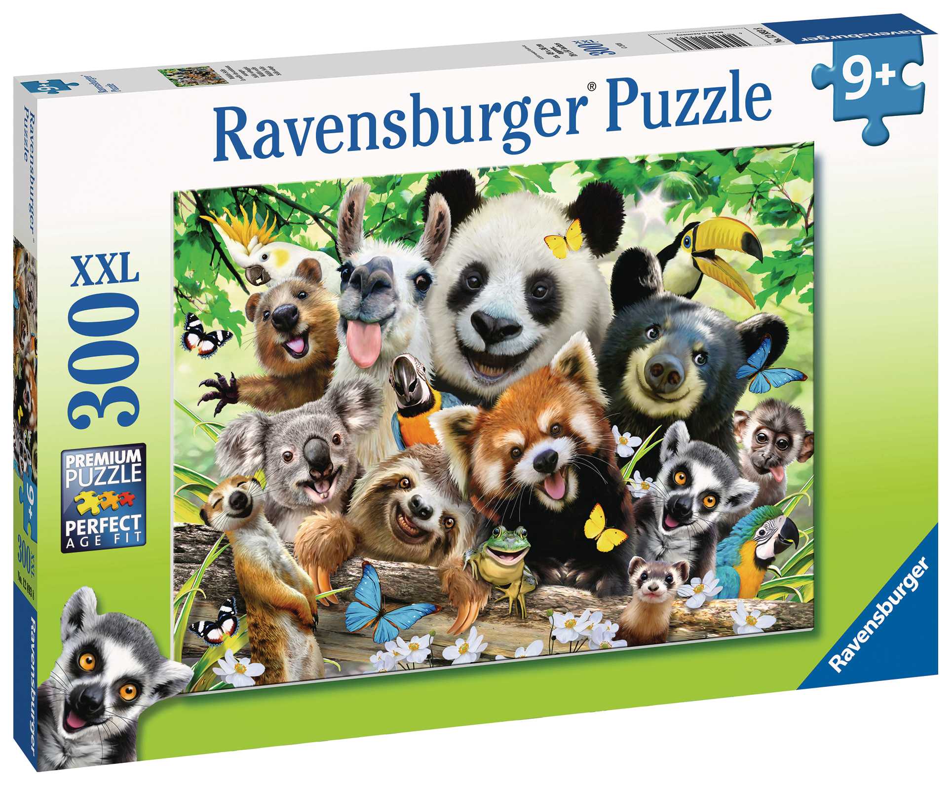 Pudełko puzzli Ravensburger z różnymi zwierzętami z kreskówek, takimi jak panda, koala i lemur. Zawiera motyle i tukana.